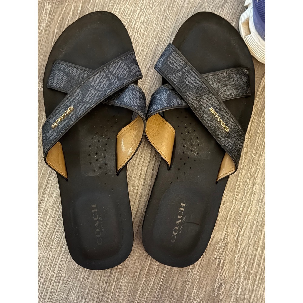 Coach Signature Monogram Cross Strap Slide Sandals Black Charcoal Gold Logo 7.5